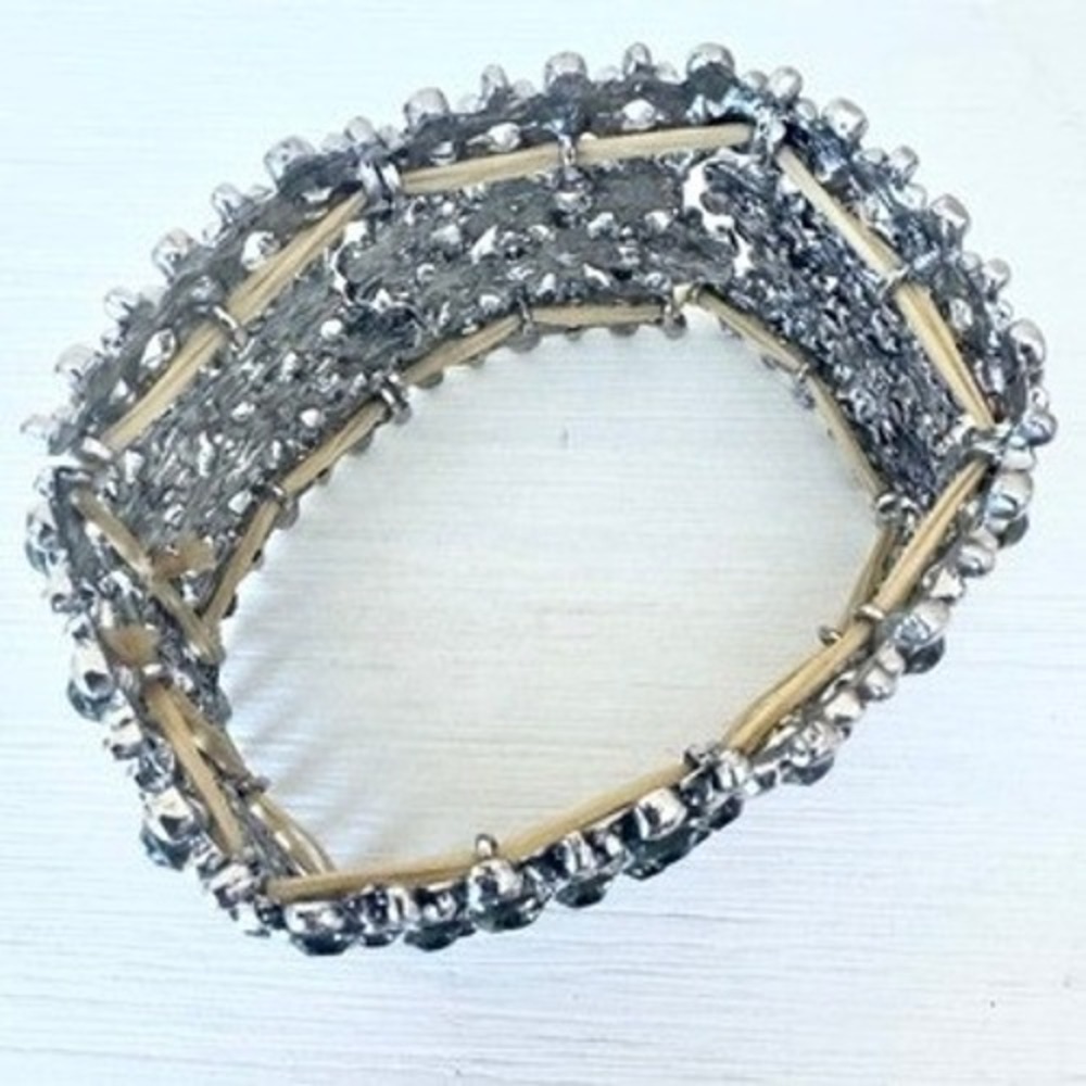 Floral Rhinestone Stretch Cuff Bracelet Silver Tone Wide Statement Resortwear - Picture 4 of 9
